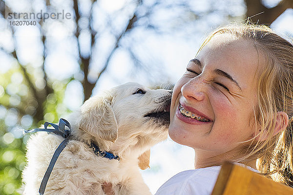 Ein englischer Golden Retriever-Welpe leckt einem Mädchen im Teenageralter die Wange.