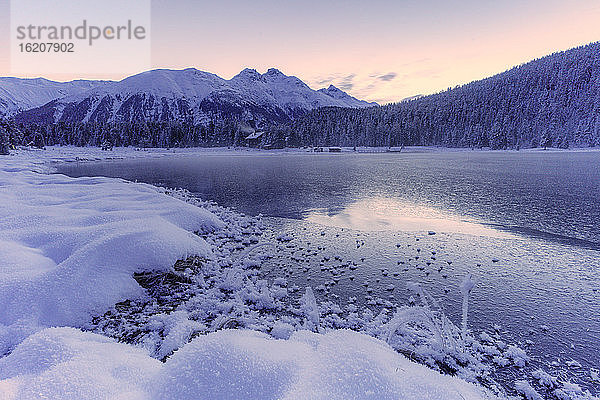 Sonnenaufgang über dem gefrorenen Lej da Staz-See und verschneiten Wäldern  St. Moritz  Engadin  Kanton Graubünden  Schweiz  Europa