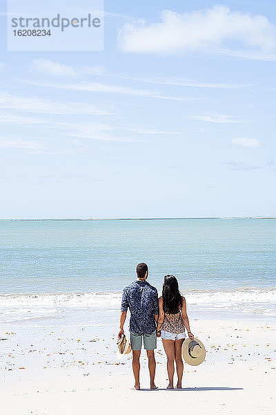 Ein gut aussehendes hispanisches (lateinamerikanisches) Paar an einem einsamen Strand mit dem Rücken zur Kamera  Brasilien  Südamerika