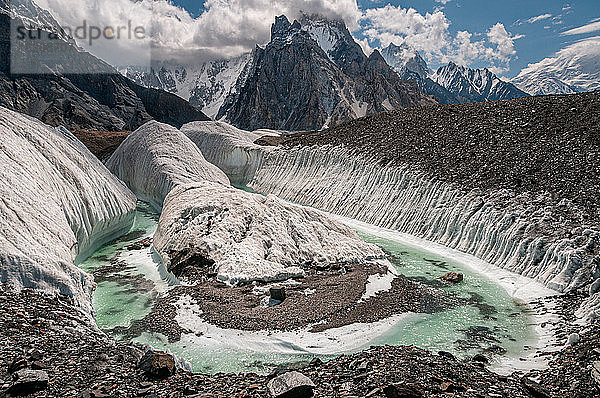 Ein Gletscherfluss auf dem Baltoro-Gletscher bei Concordia in der Nähe des K2  im Karakorum-Gebirge in Nordpakistan  Asien