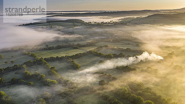 Nebelverhangene Landschaft in der Frühlingsdämmerung  Coryton  Devon  England  Vereinigtes Königreich  Europa