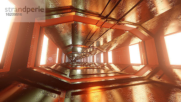 Dreidimensionales Rendering eines futuristischen Korridors in einem Raumschiff oder einer Raumstation