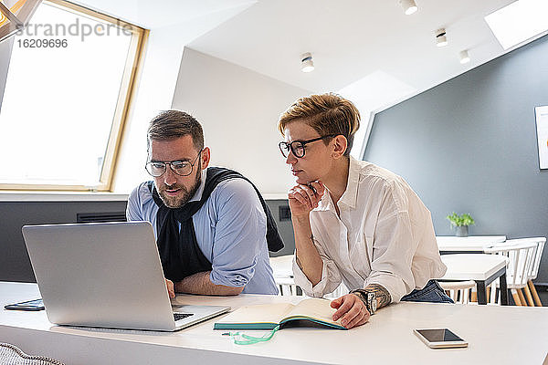 Selbstbewusste männliche und weibliche Unternehmer schauen auf ihren Laptop  während sie im Büro ihre Strategie planen