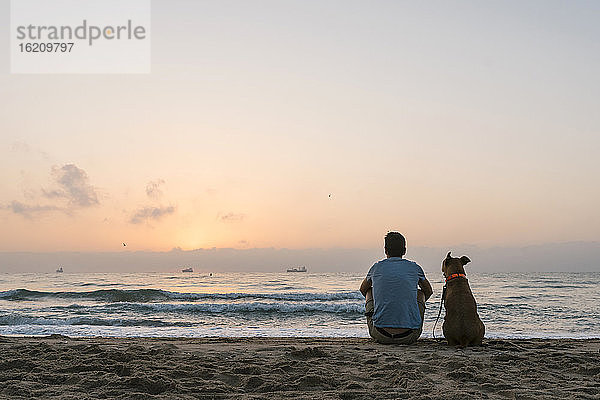 Mann mit seinem Hund am Strand sitzend in der Morgendämmerung