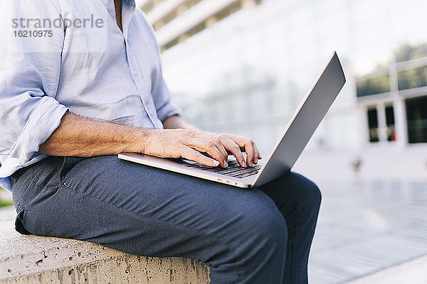 Geschäftsmann  der einen Laptop benutzt  während er im Büropark sitzt
