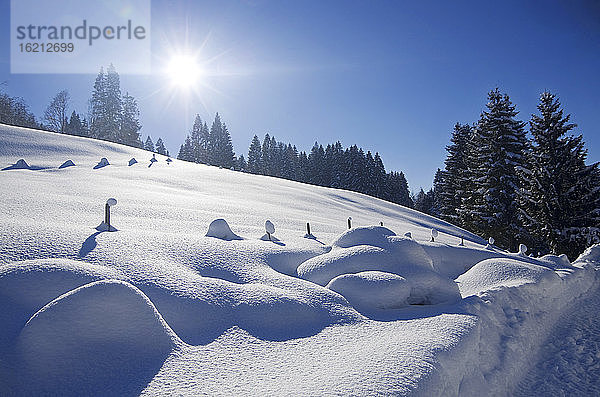 Deutschland  Bayern  Blick auf Winterlandschaft Tal