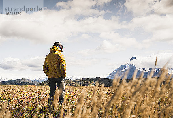 Mann auf einer Wiese im Torres Del Paine National Park  Chile  Patagonien  Südamerika