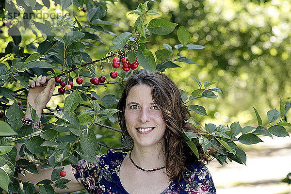 Nahaufnahme einer lächelnden jungen Frau  die eine Kirschpflanze auf einem Bauernhof hält