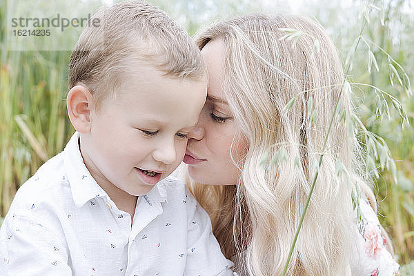 Nahaufnahme einer jungen Frau  die ihren süßen Sohn küsst  während sie in einem Haferfeld sitzt