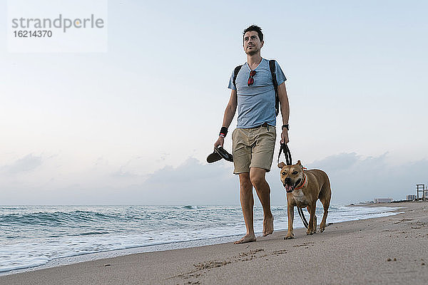 Mann geht mit seinem Hund am Strand spazieren