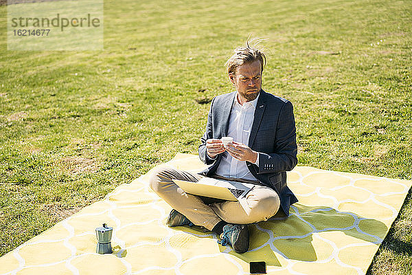 Geschäftsmann mit Kaffeetasse und Laptop auf einer Picknickdecke im Park an einem sonnigen Tag