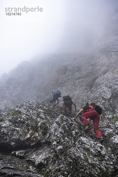 Ältere Männer klettern bei nebligem Wetter auf einen Berg  Bergamasker Alpen  Italien