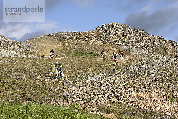 Island  Männer beim Mountainbiking in hügeliger Landschaft