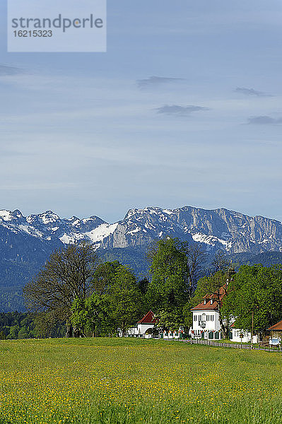 Deutschland  Blick auf Berge im Isartal mit Benediktenwand
