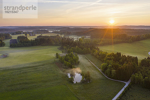 Deutschland  Bayern  Oberbayern  Tolzer Land  bei Eurasburg  Feld mit Teich bei Sonnenaufgang  Luftaufnahme