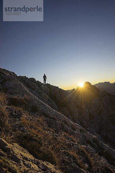 Rückansicht eines Wanderers  der bei Sonnenaufgang auf einem Aussichtspunkt steht  Gimpel  Tirol  Österreich