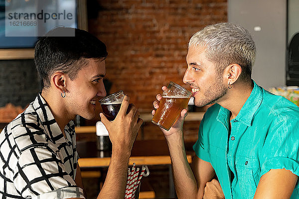 Verliebtes schwules Paar  das sich beim Biertrinken in einer Bar ansieht