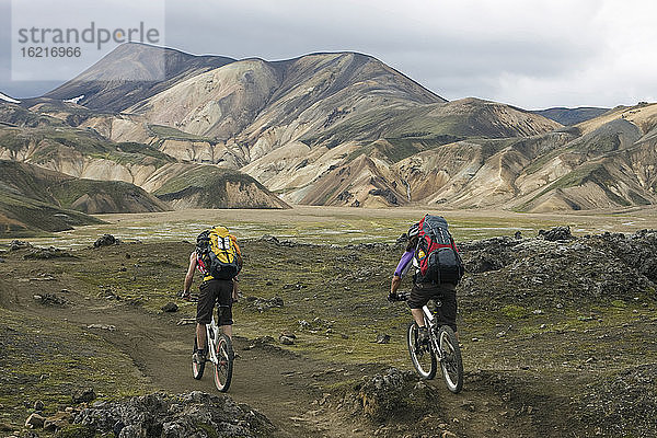 Island  Männer beim Mountainbiking in hügeliger Landschaft