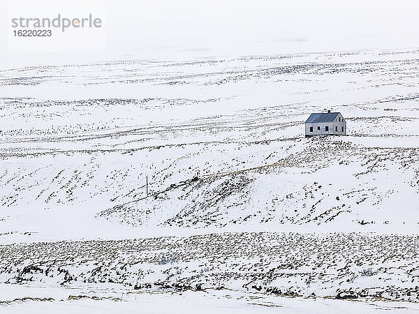 Island  Blick auf einsames Haus in winterlicher Landschaft