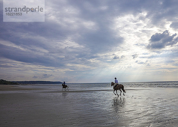 Normandie (Frankreich)  zwei Reiter im vollen Galopp an einem Strand