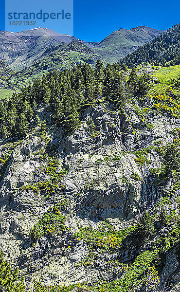 Spanien  Katalonien  Pyrenäen  Comarque de Ripolles  Vall de Nuria  Blick auf den Berg