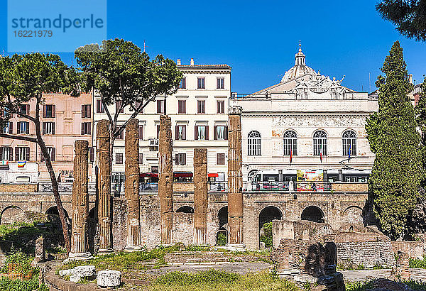 Italien  Rom  Stadtteil Campo dei Fiori  Rundtempel B (1. Jahrhundert v. Chr.) der Area sacra dell'Argentina vor dem Teatro Argentina (1732)
