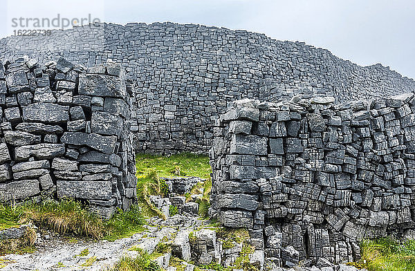 Europa  Republik Irland  Grafschaft Galway  Aran-Inseln  Inishmore-Insel  vom Meer gegrabene Klippen in der Nähe der prähistorischen Ringfort-Stätte Dun Aengus (1100 v. Chr. - 800 n. Chr.) (Nationales Denkmal)