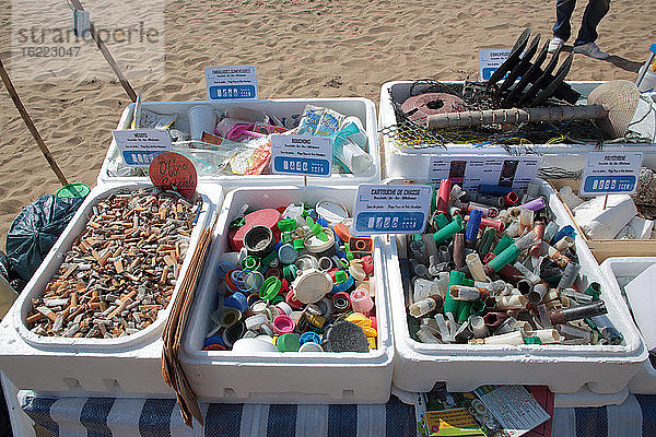 Frankreich  Saint Michel-Chef-Chef  44  Müllsammlung am Strand von Tharon  organisiert von den Vereinen Hirondelle (Pornic) und Conscience (St Michel-Chef-Chef) am 25.08.2019