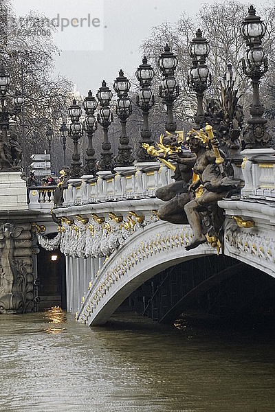 Europa  Ile de France  Frankreich  Paris  die Seine im Januar 2018 über die Ufer getreten und die Brücke Alexandre III  vom Quai d'Orsay aus gesehen