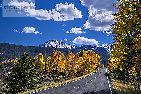 USA  Wyoming  Straße in einer Herbstlandschaft  Espen und Kiefern