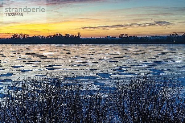 Winterabend am See  Eis auf dem zugefrorenen Dümmer im Winter bei Sonnenuntergang  Lembruch  Niedersachsen  Deutschland  Europa