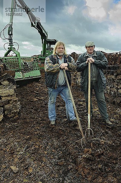 Männer mit Forke beim Verladen von Torf  aufgestapelte Torfsoden im Moor  Torfabbau  verladen der trockenen Soden mit einem Raupenbagger  CO2 Speicher  Goldenstedter Moor  Oldenburger Münsterland  Goldenstedt  Niedersachsen  Deutschland  Europa