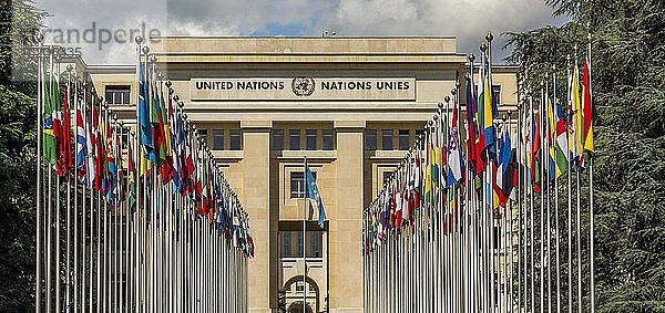 Flaggen beim Büro der Vereinten Nationen in Genf  Schweiz  Europa
