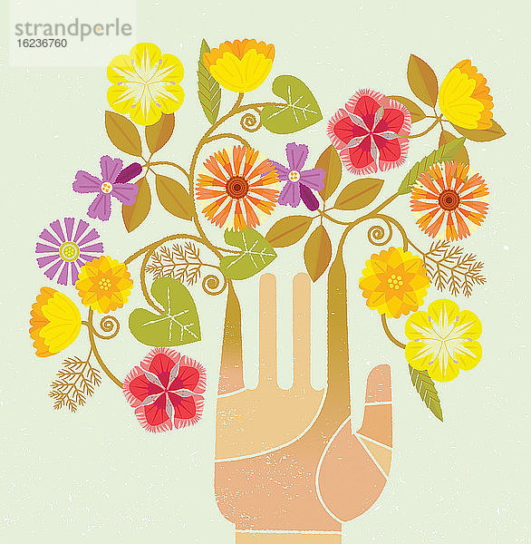 Hübsche Blumen wachsen aus den Fingern der Hand