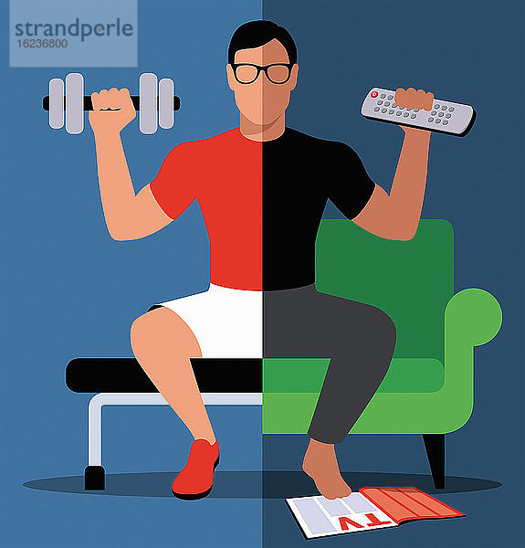 Split-Screen eines Mannes  der zu Hause und im Fitnessstudio trainiert