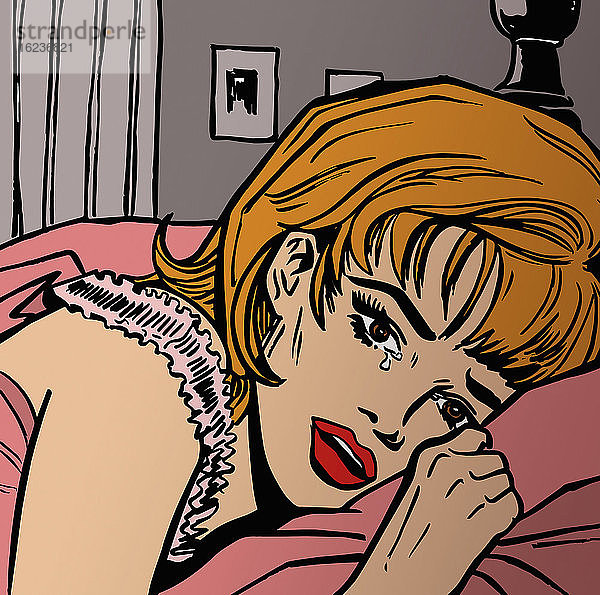 Junge Frau weint im Bett
