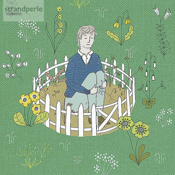 Mann isoliert in kargem Garten umgeben von schönen Blumen
