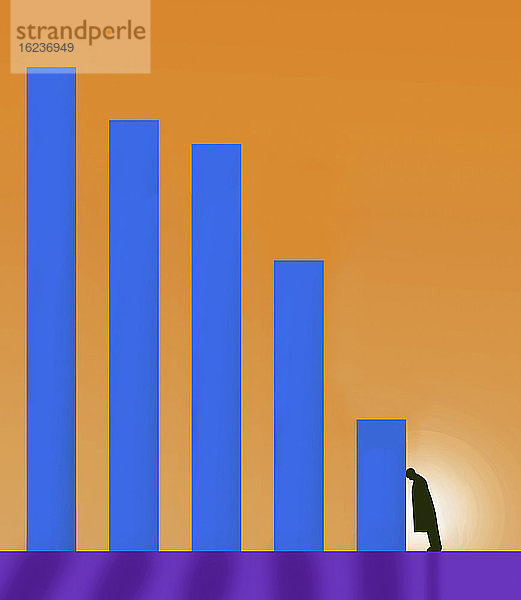 Geschäftsmann stützt sich verzweifelt auf fallendes Balkendiagramm