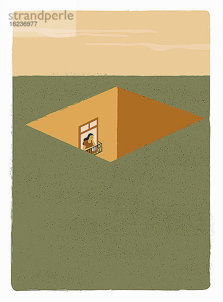 Traurige Frau schaut aus dem Fenster in ein Loch im Boden