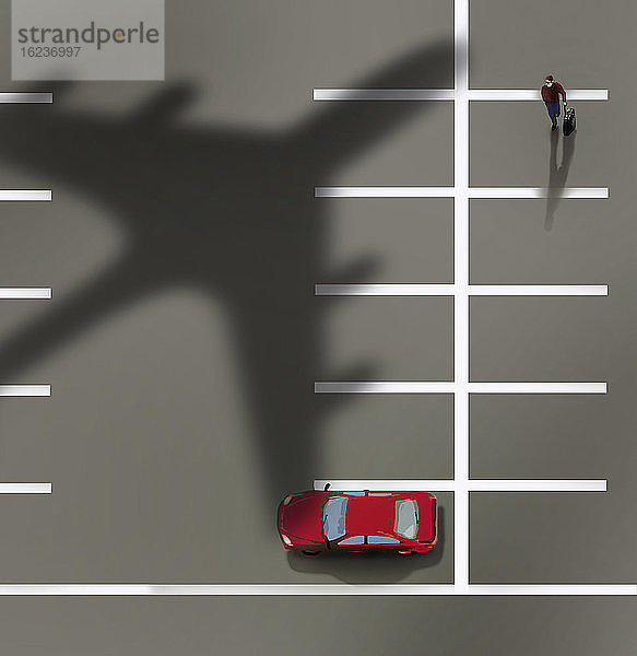 Ein Mann geht auf einem leeren Flughafenparkplatz auf ein Auto zu