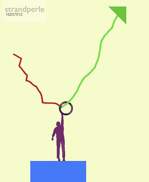 Mann greift nach oben  um sich an einem Aufschwung in der Grafik festzuhalten