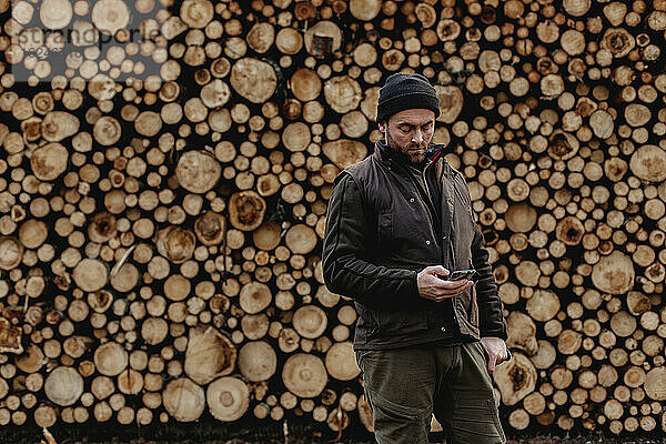 Mann steht vor einem Stapel Holzscheite