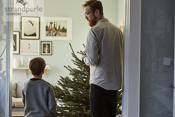 Vater und Sohn  Weihnachtsbaum im Hintergrund