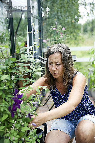 Frau bei der Gartenarbeit vor einem Gewächshaus
