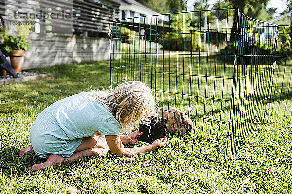 Mädchen fotografiert Kaninchen im Käfig