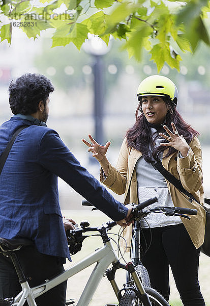 Geschäftsleute mit Fahrrad sprechen im Park