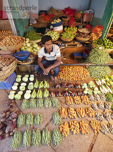 Bunter Gemüsestand und Standinhaber auf dem Markt von Mysore