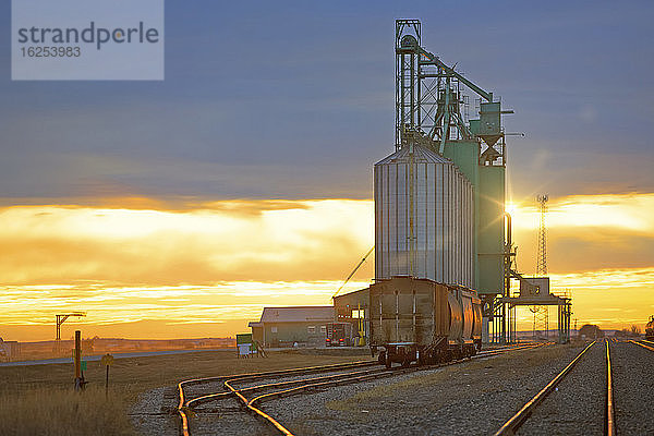 Schüttgutwagen auf Bahngleisen  der bei Sonnenuntergang vor einem Getreidelager steht; Alberta  Kanada