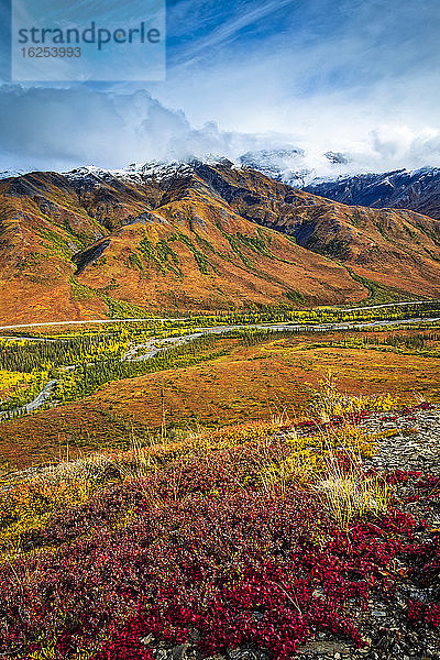 Brooks Mountains und Dalton Highway in Herbstfarben  Gates of the Arctic National Park and Preserve  Arktisches Alaska im Herbst; Alaska  Vereinigte Staaten von Amerika
