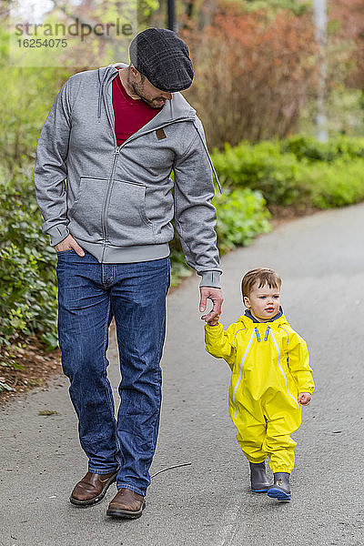 Vater hält bei einem Spaziergang im Park mit seiner kleinen Tochter Händchen; North Vancouver  Britisch-Kolumbien  Kanada